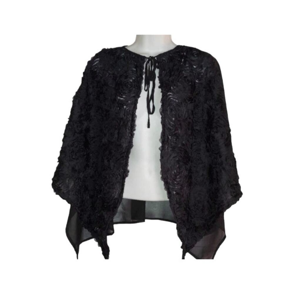 RUYI Black Sheer Chiffon Textured Floral Open Sides Tie Front Evening Cape | OS